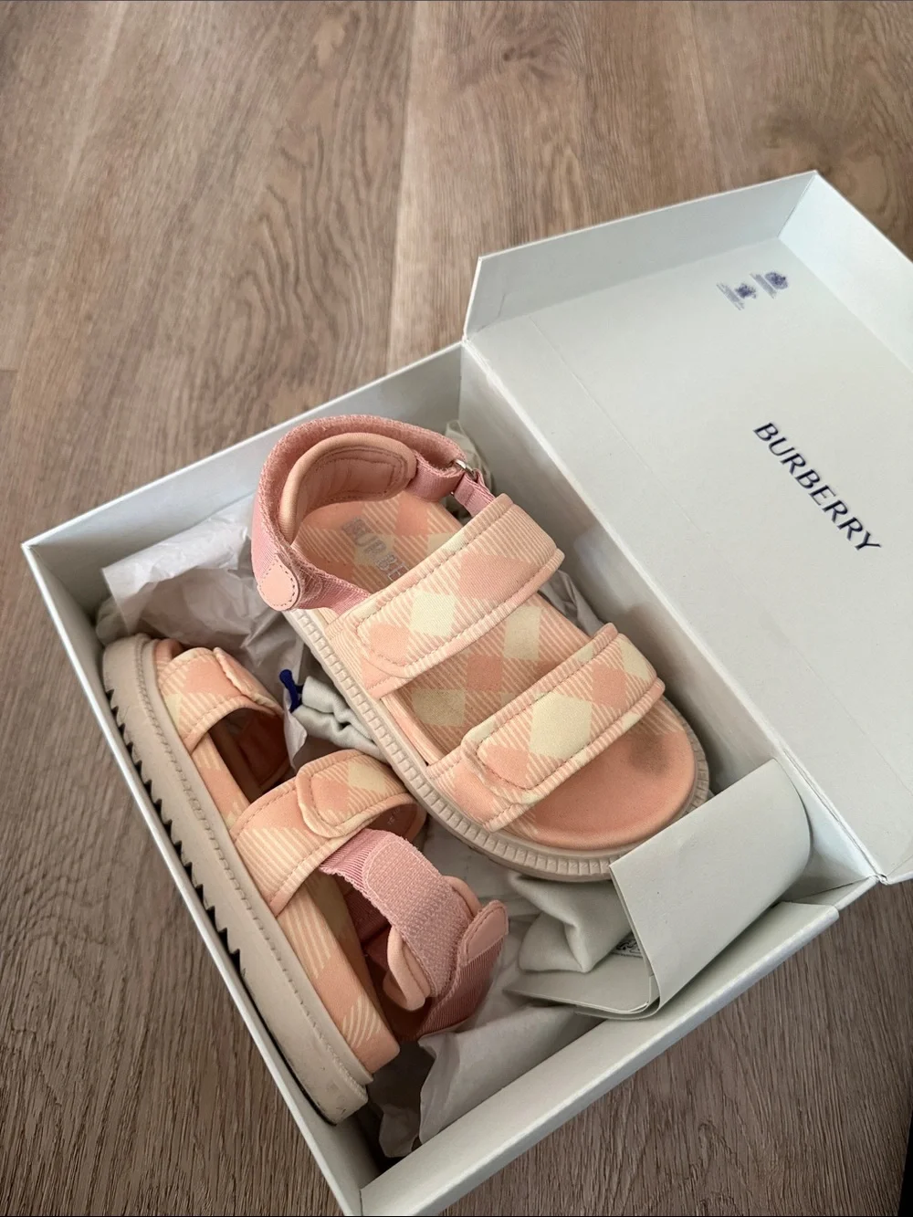 Burberry Pink Plaid Velcro Strap Kids Sandals